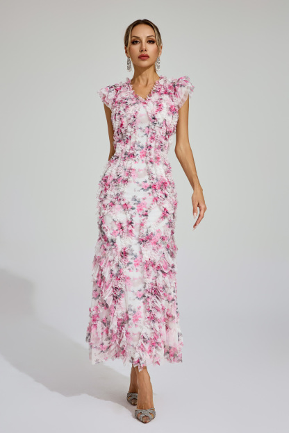 Roderick Pink Mesh Floral Ruched Dress