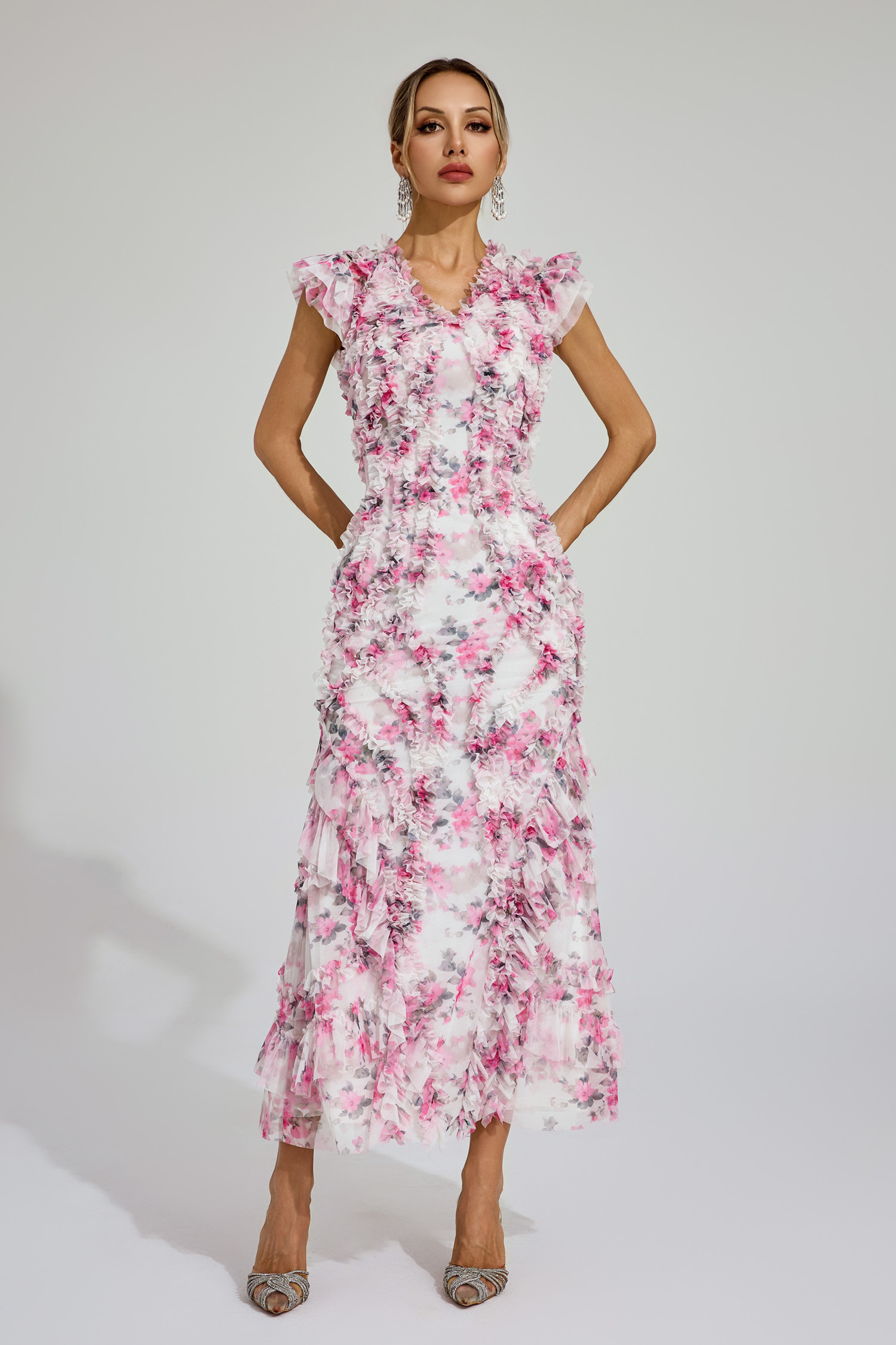 Roderick Pink Mesh Floral Ruched Dress