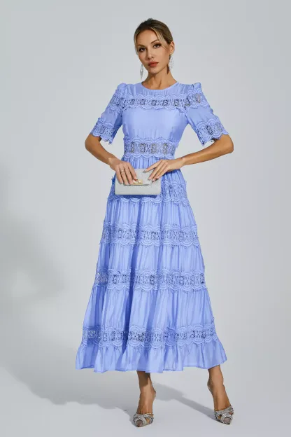 Pear Blue Cut Out Lace Maxi Dress