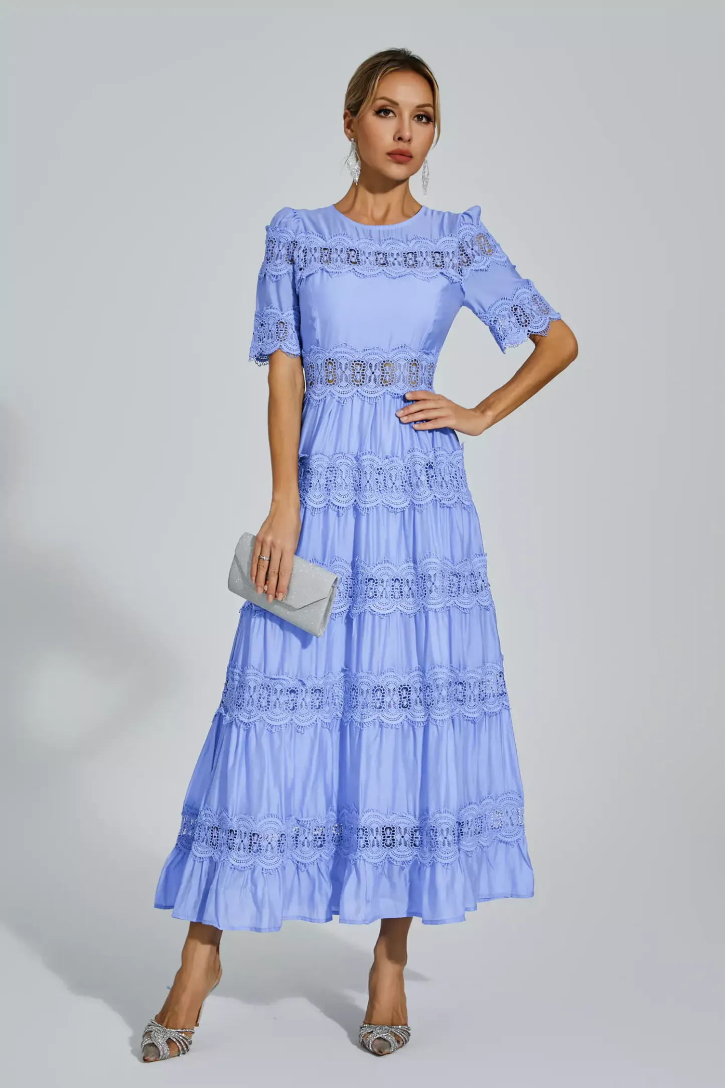 Pear Blue Cut Out Lace Maxi Dress