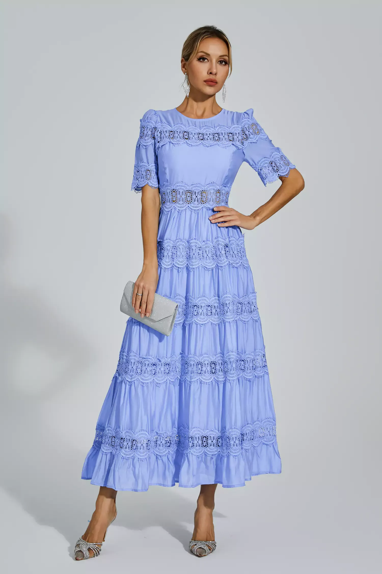 Pear Blue Cut Out Lace Maxi Dress