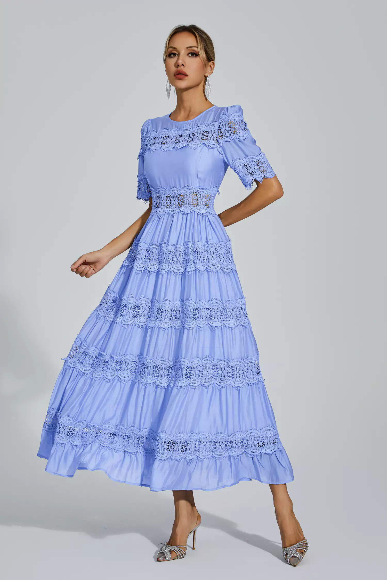 Pear Blue Cut Out Lace Maxi Dress