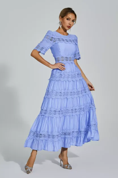 Pear Blue Cut Out Lace Maxi Dress