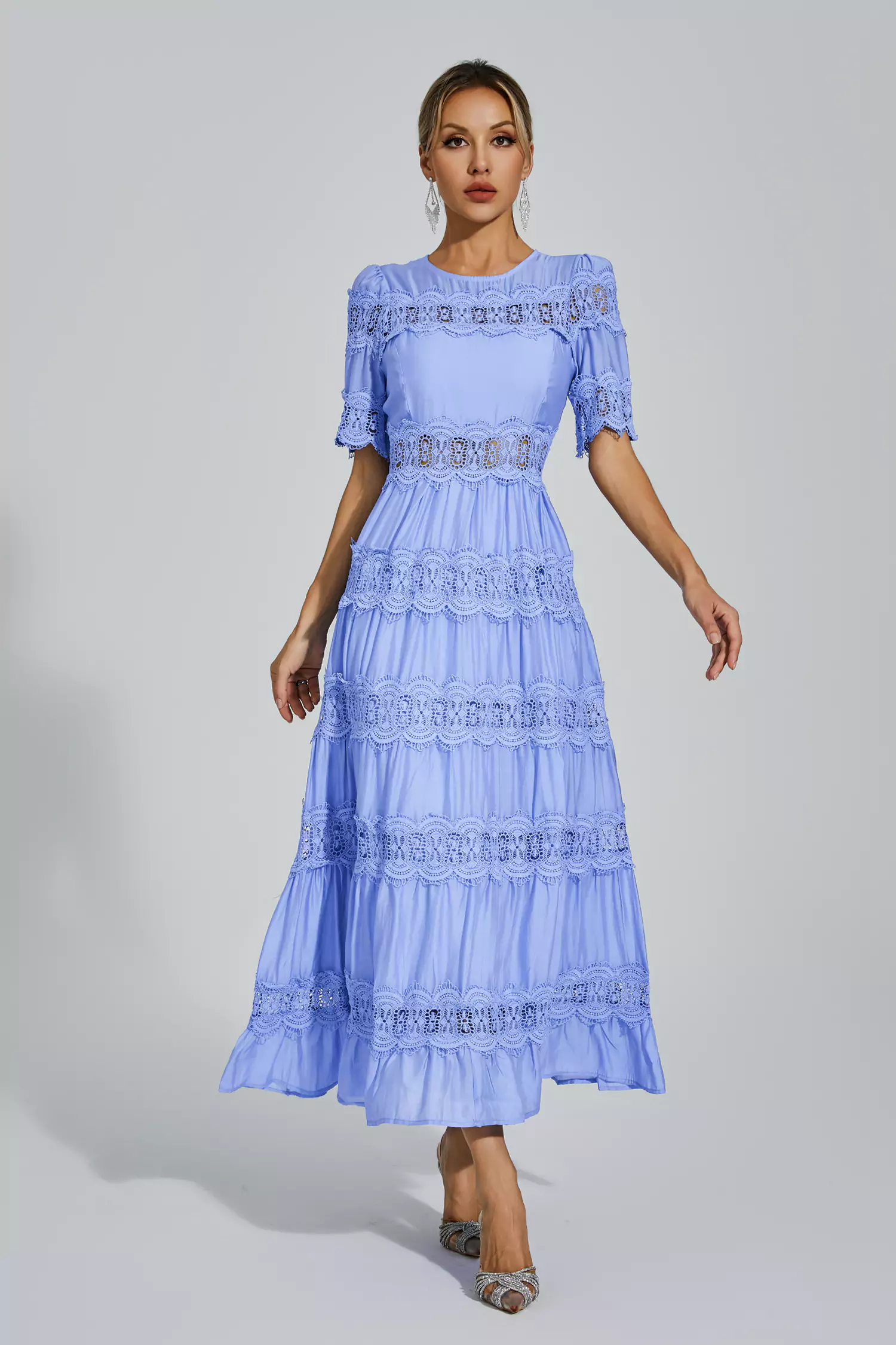 Pear Blue Cut Out Lace Maxi Dress