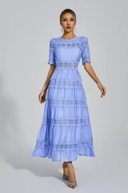 Pear Blue Cut Out Lace Maxi Dress