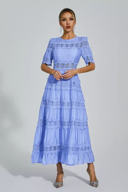 Pear Blue Cut Out Lace Maxi Dress