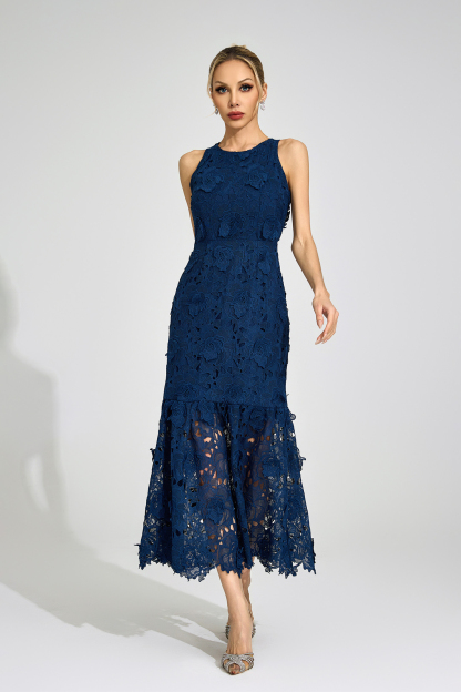 Gwen Blue Round Neck Maxi Dress
