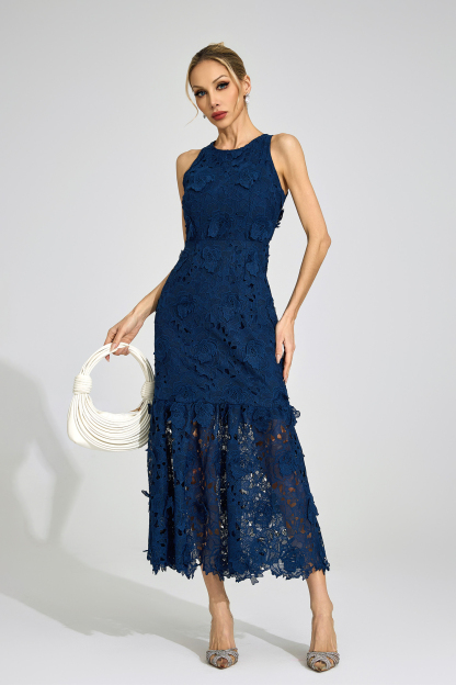 Gwen Blue Round Neck Maxi Dress