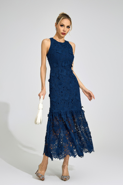 Gwen Blue Round Neck Maxi Dress