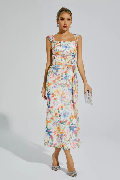 Doherty Orange Flower Waist-cinching Dress