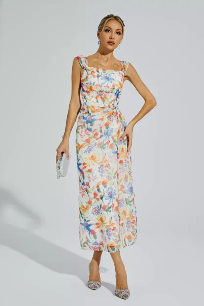 Doherty Orange Flower Waist-cinching Dress