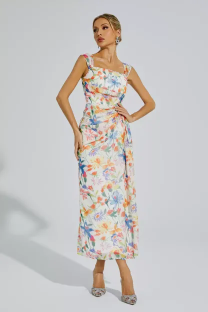 Doherty Orange Flower Waist-cinching Dress