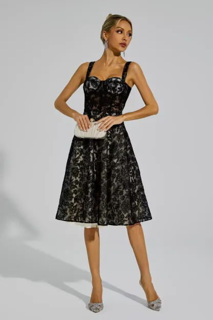 Narcissus Black Lace Embroideries Midi Dress