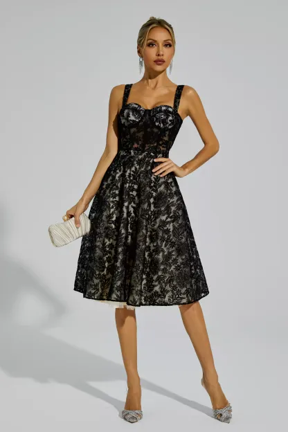 Narcissus Black Lace Embroideries Midi Dress