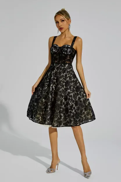 Narcissus Black Lace Embroideries Midi Dress