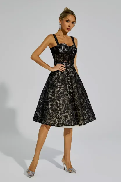Narcissus Black Lace Embroideries Midi Dress