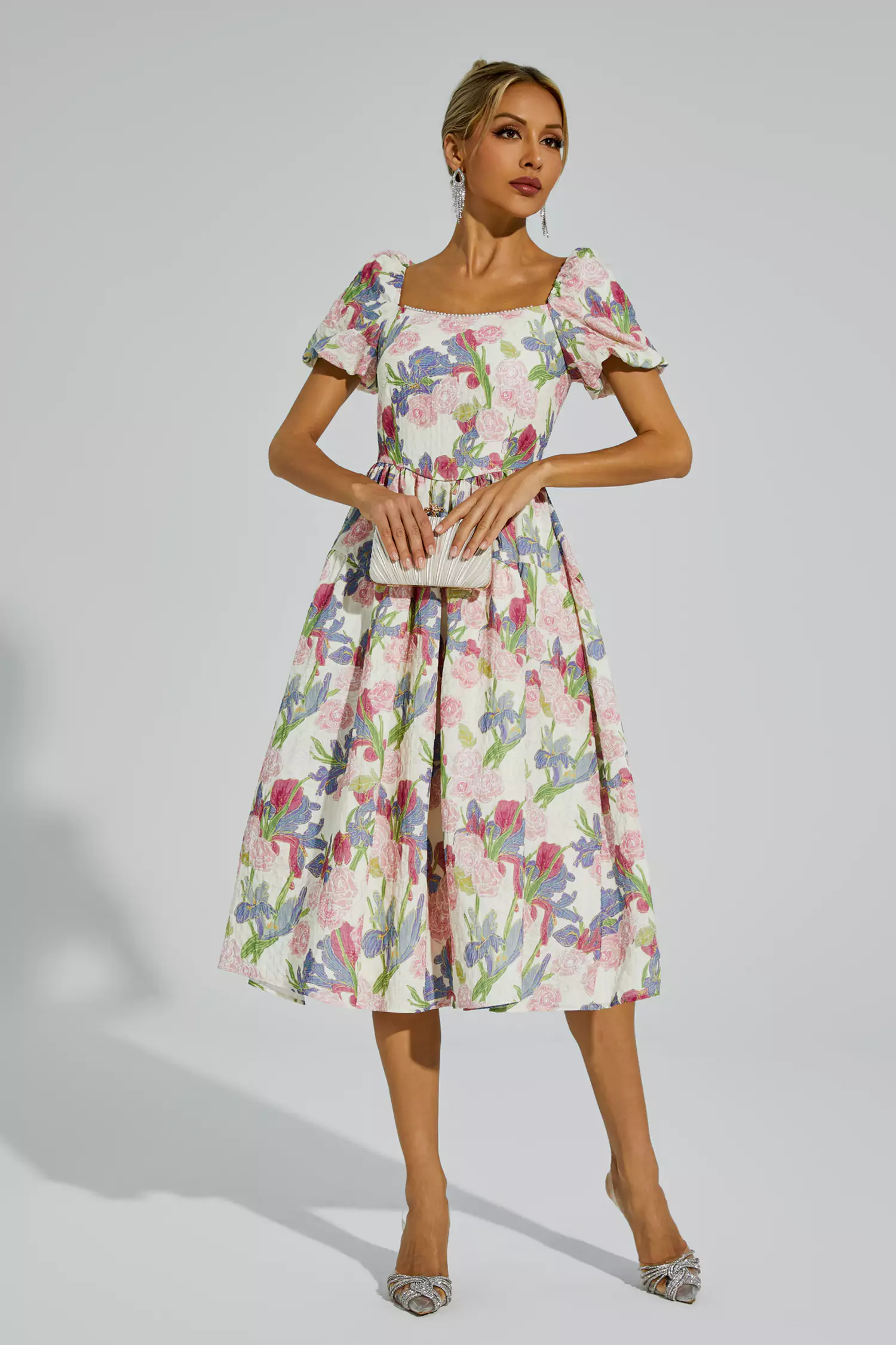 Armand Pink Flower Puff Sleeves Midi Dress