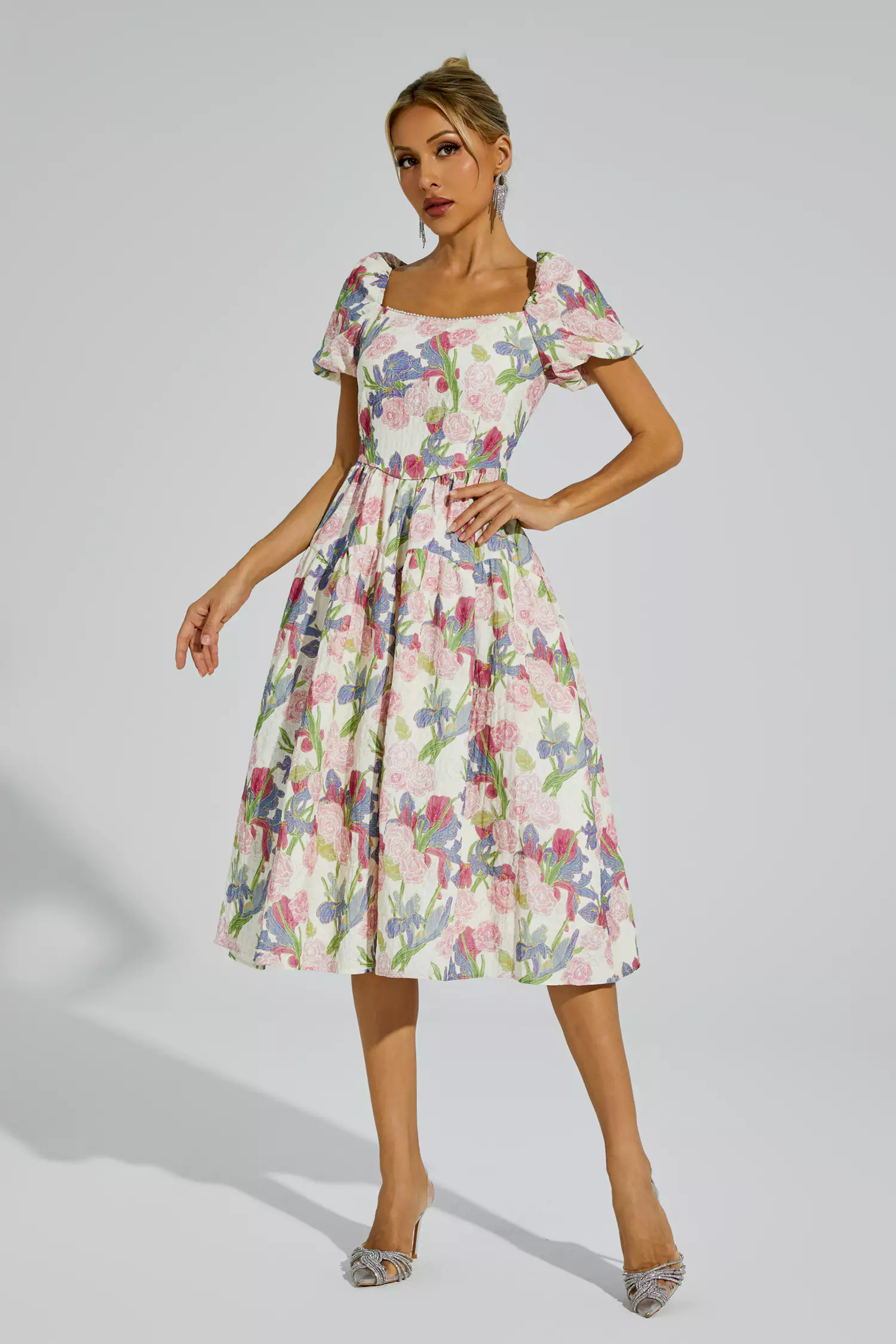 Armand Pink Flower Puff Sleeves Midi Dress