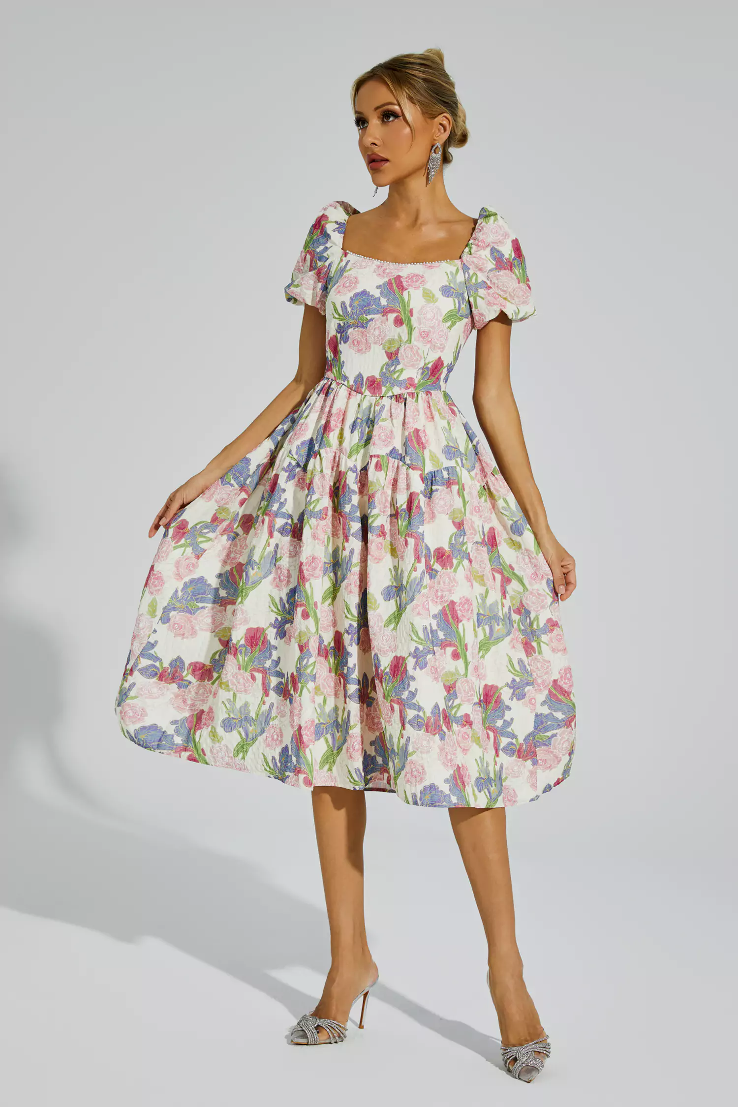 Armand Pink Flower Puff Sleeves Midi Dress