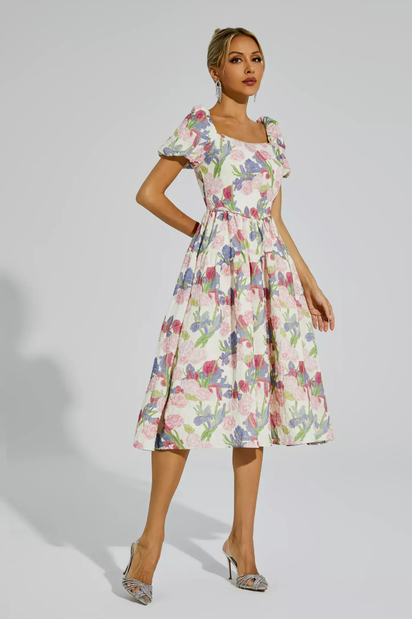 Armand Pink Flower Puff Sleeves Midi Dress