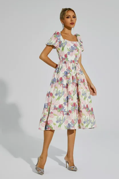 Armand Pink Flower Puff Sleeves Midi Dress