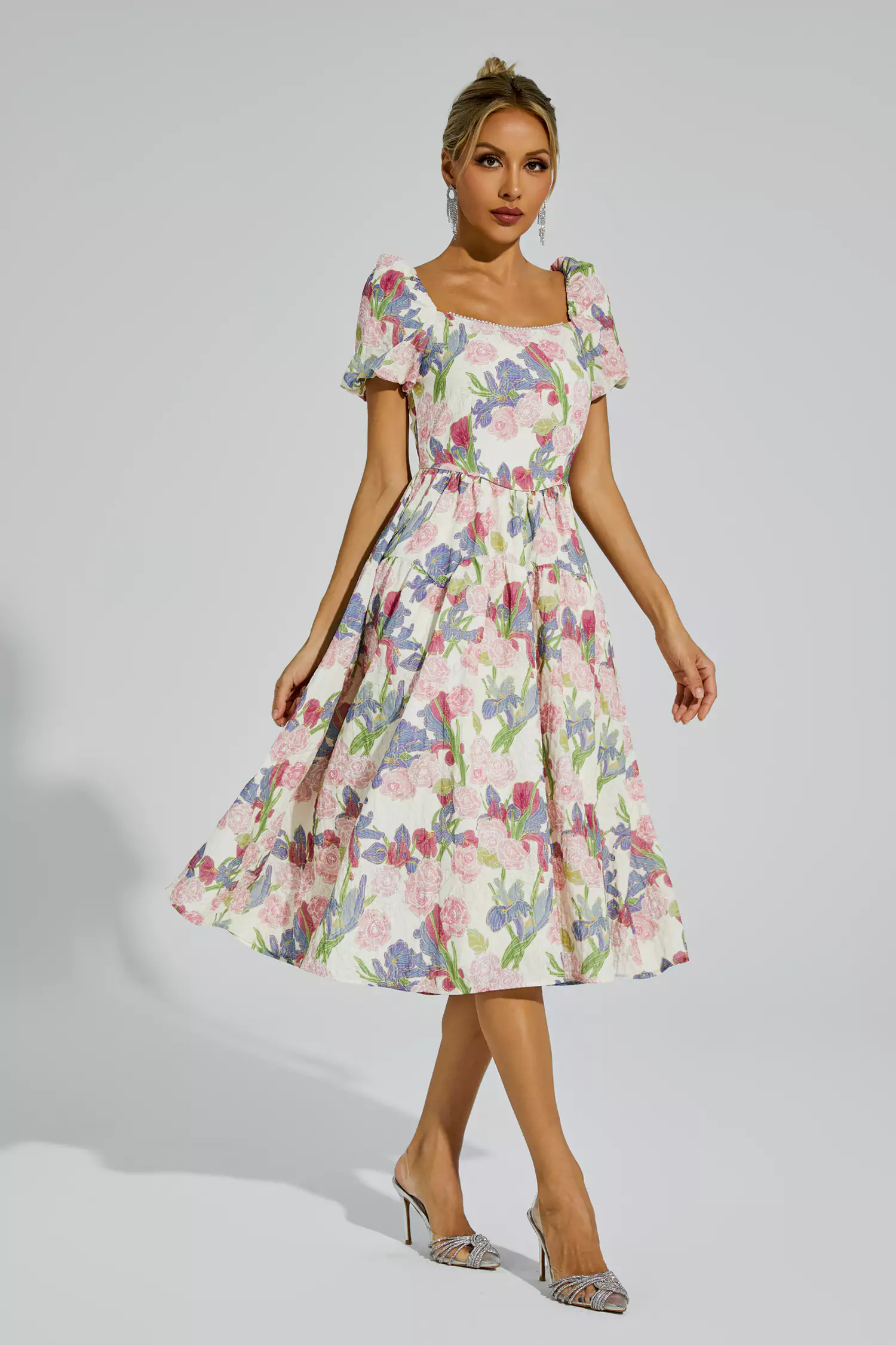 Armand Pink Flower Puff Sleeves Midi Dress