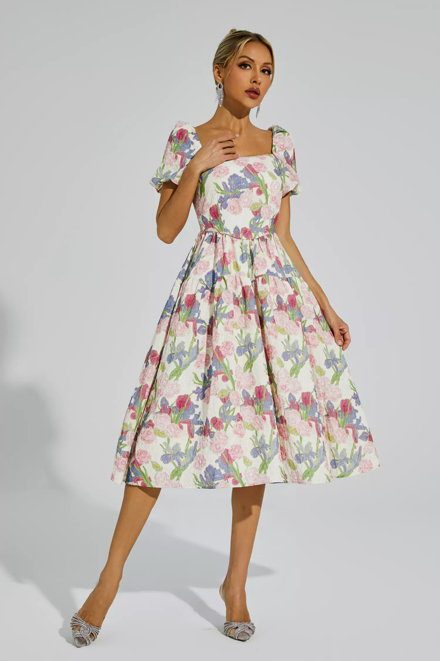 Armand Pink Flower Puff Sleeves Midi Dress