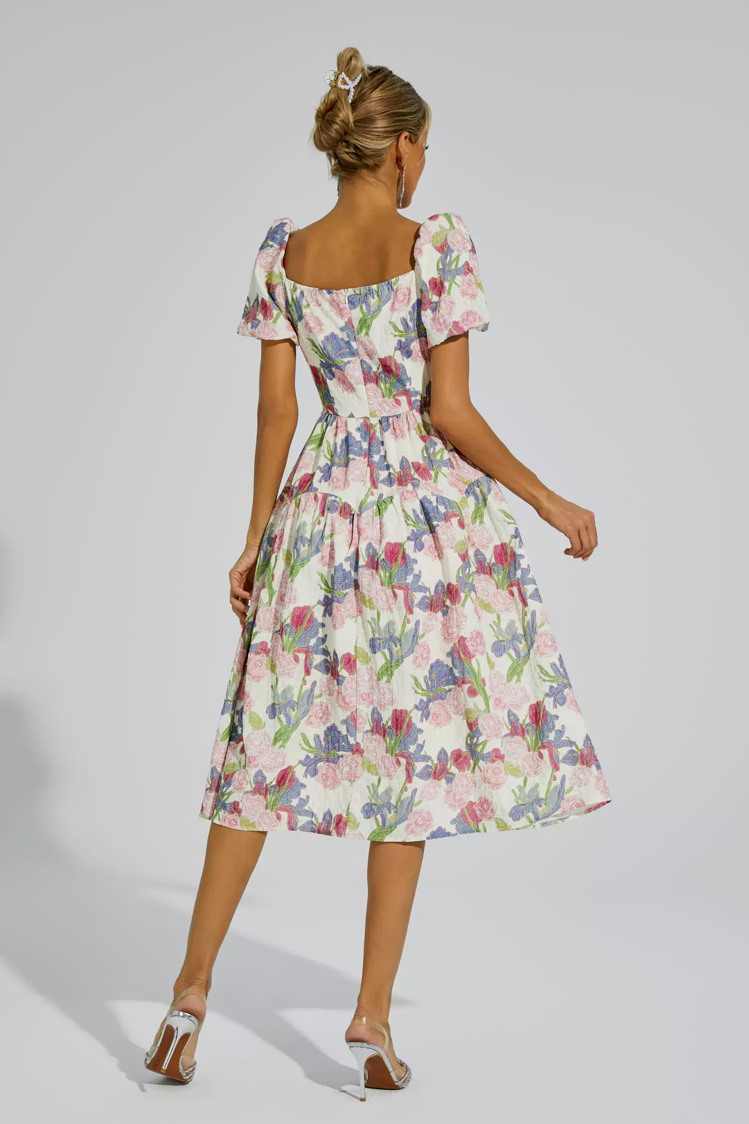 Armand Pink Flower Puff Sleeves Midi Dress
