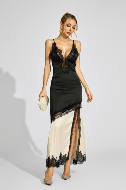 Bush Black Beige Contrast Lace Dress