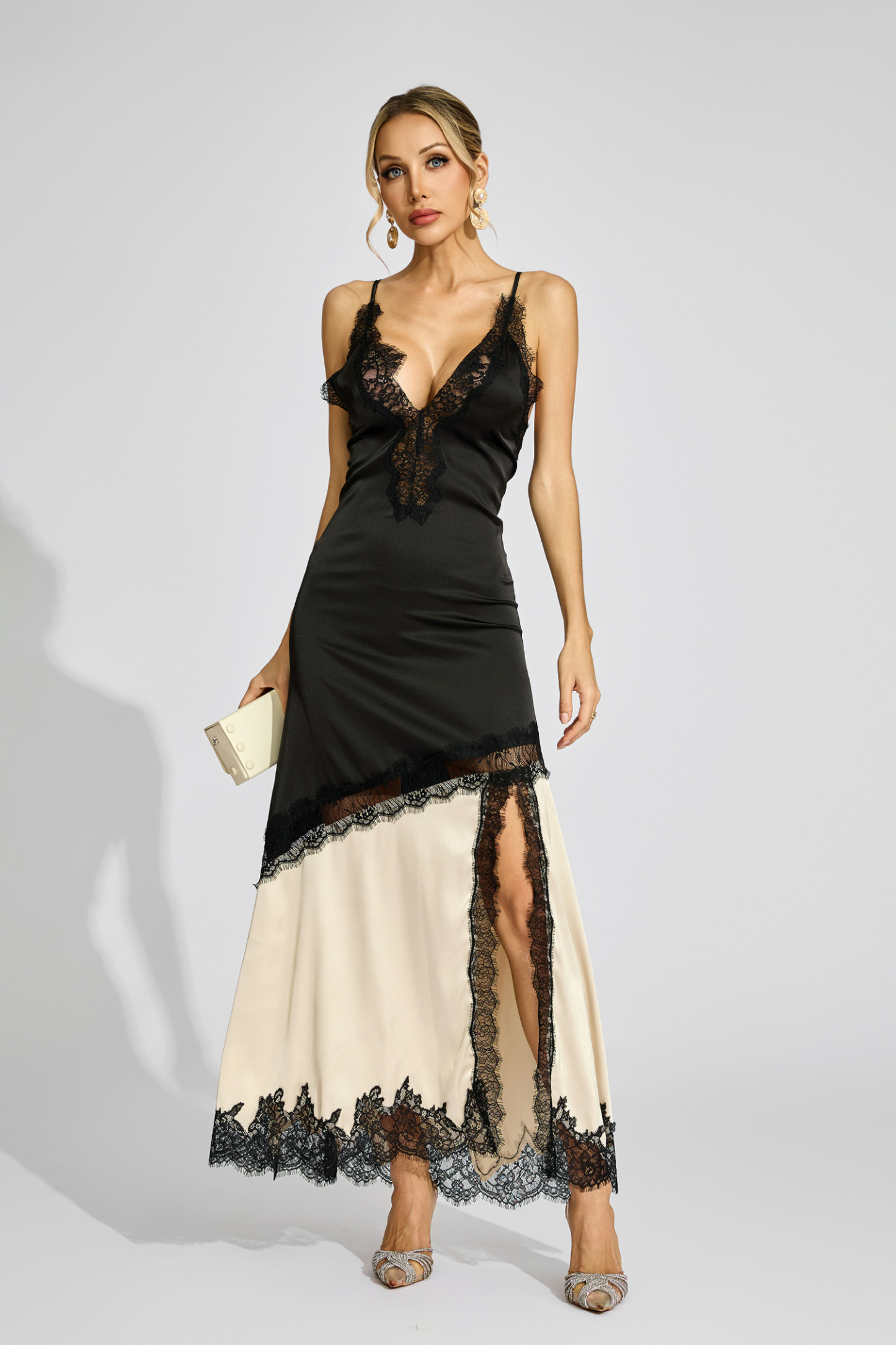 Bush Black Beige Contrast Lace Dress