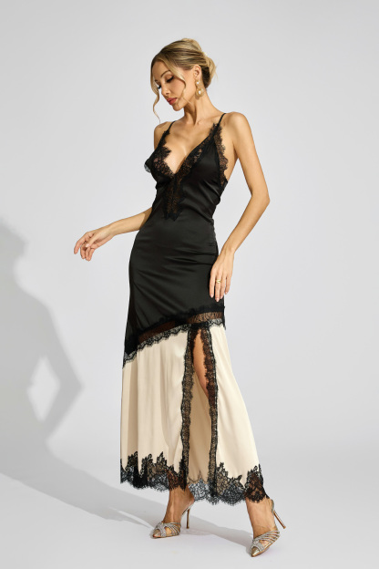 Bush Black Beige Contrast Lace Dress