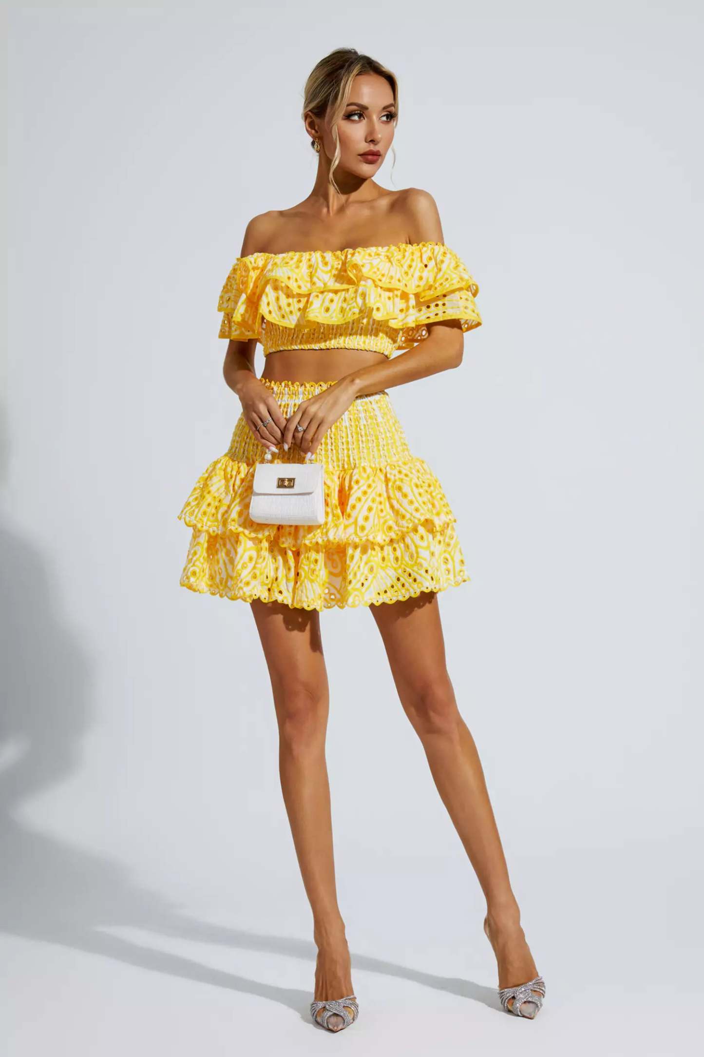 Janet Yellow Floral Ruffle Off-Shoulder Set