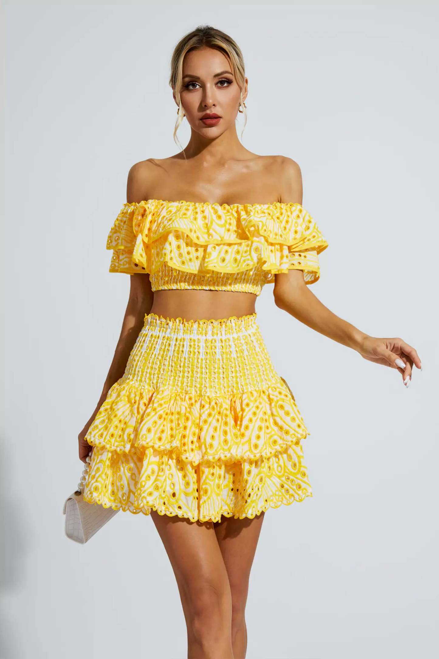 Janet Yellow Floral Ruffle Off-Shoulder Set