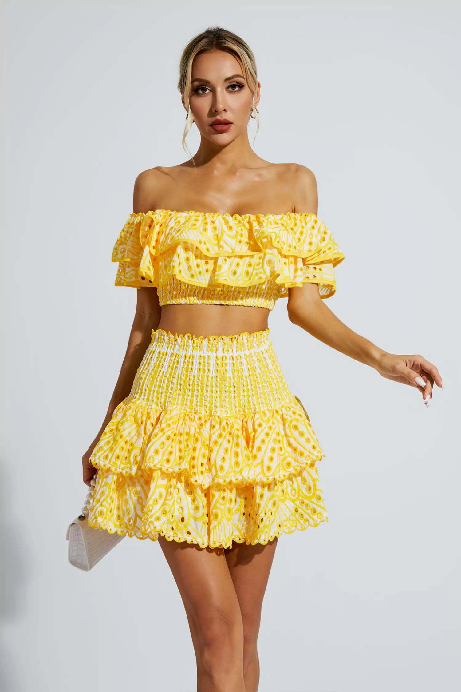 Janet Yellow Floral Ruffle Off-Shoulder Set
