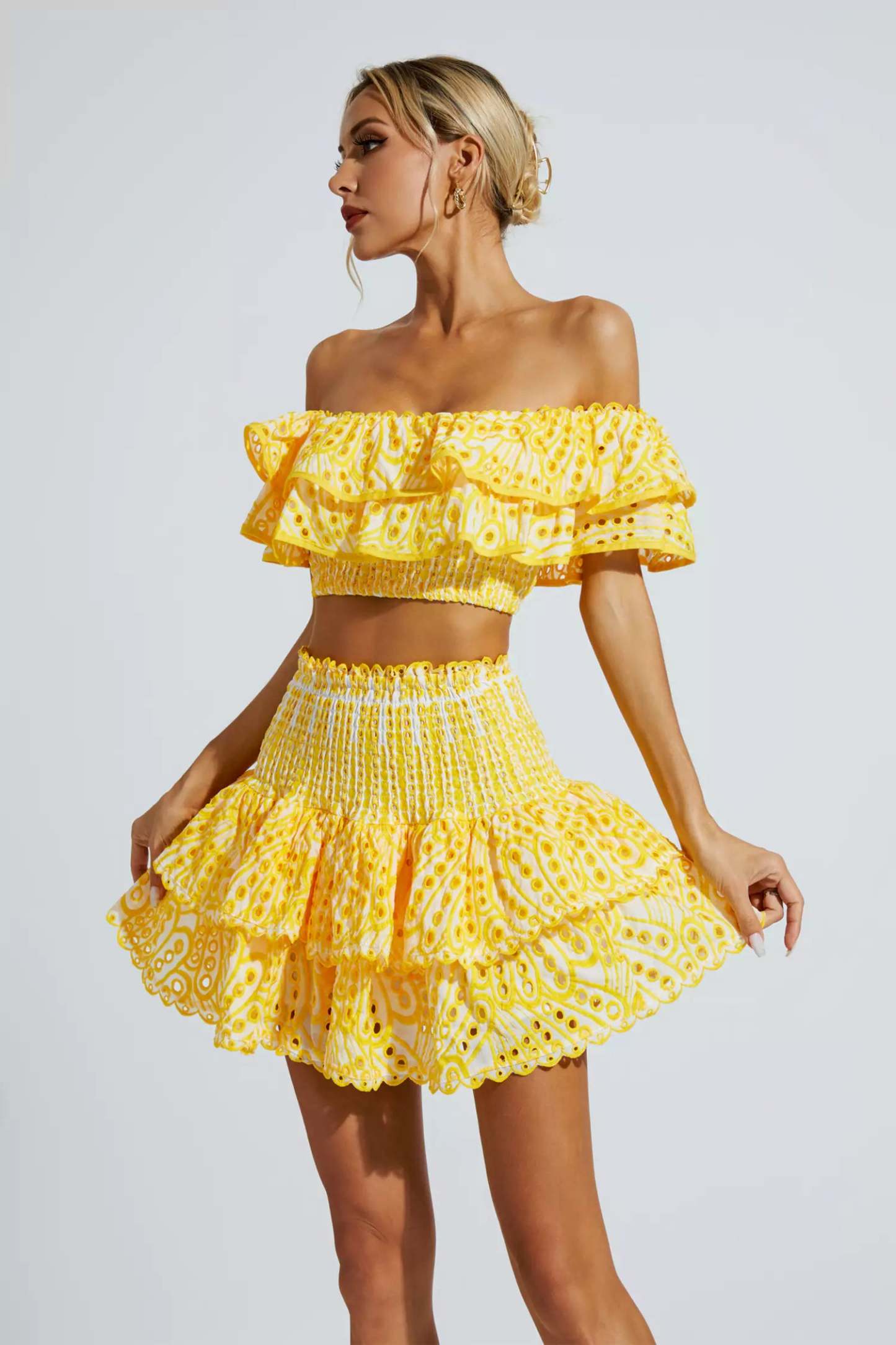 Janet Yellow Floral Ruffle Off-Shoulder Set
