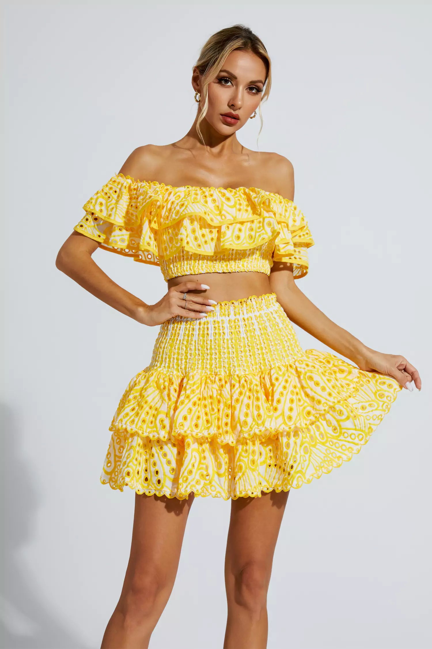 Janet Yellow Floral Ruffle Off-Shoulder Set