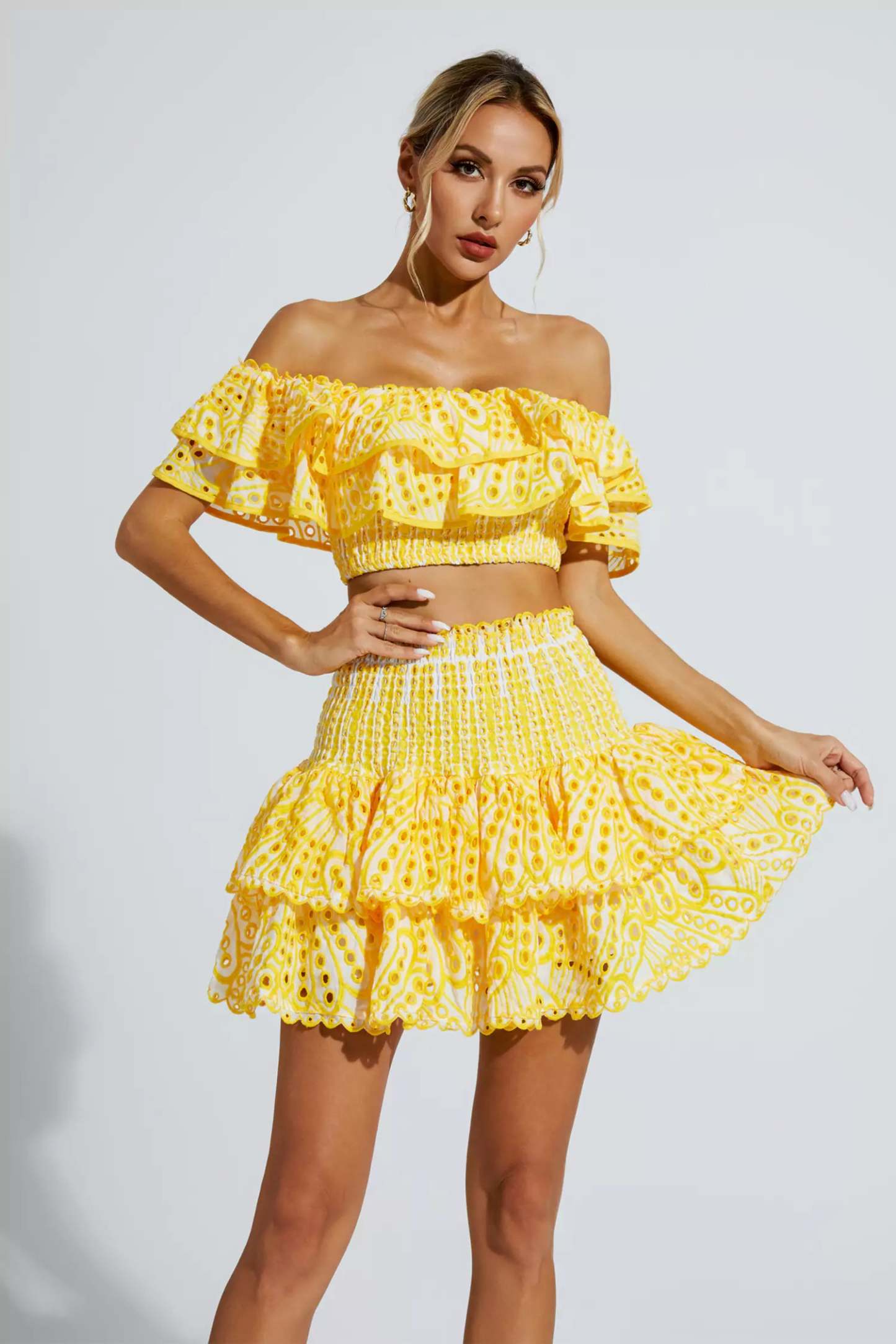 Janet Yellow Floral Ruffle Off-Shoulder Set