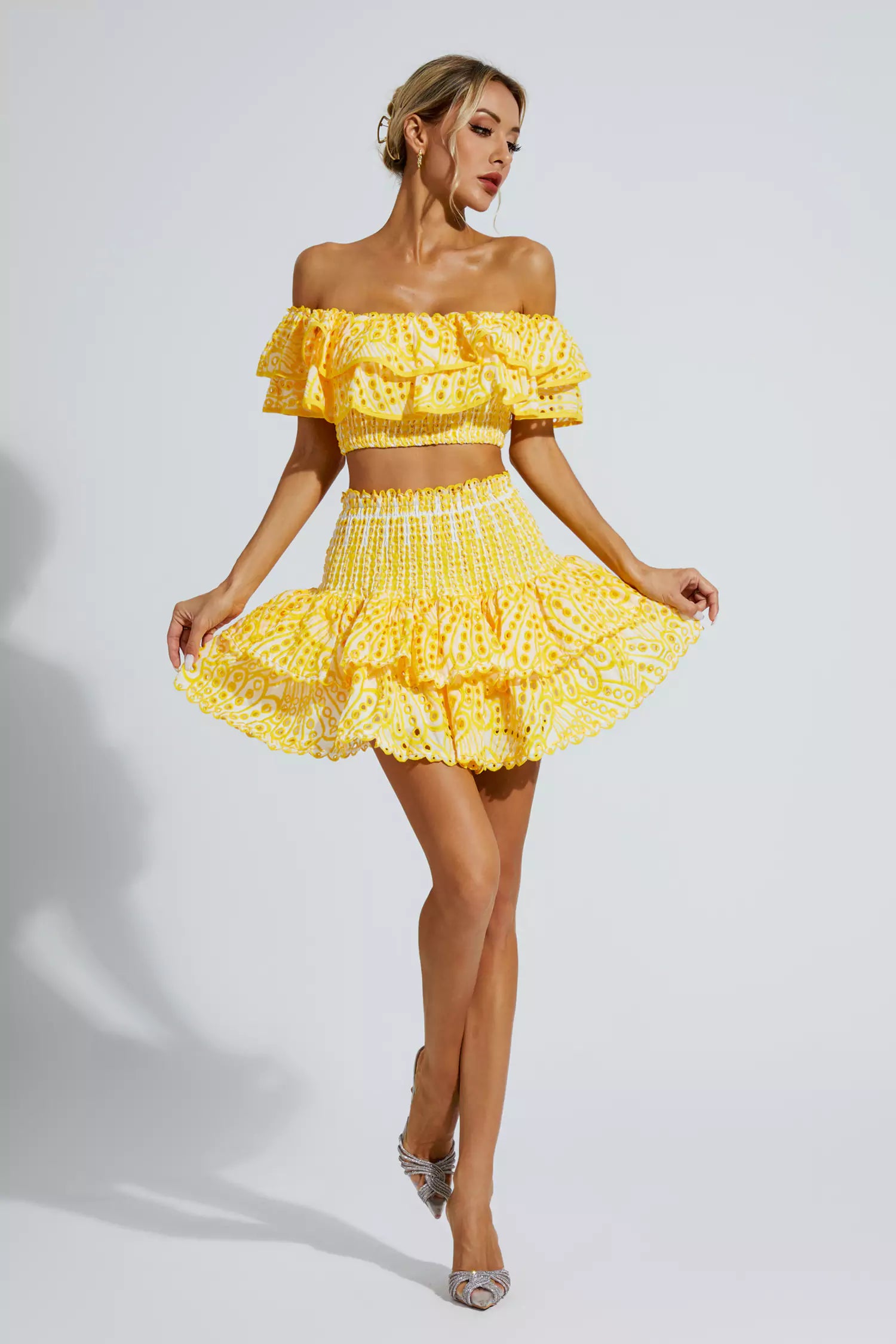Janet Yellow Floral Ruffle Off-Shoulder Set