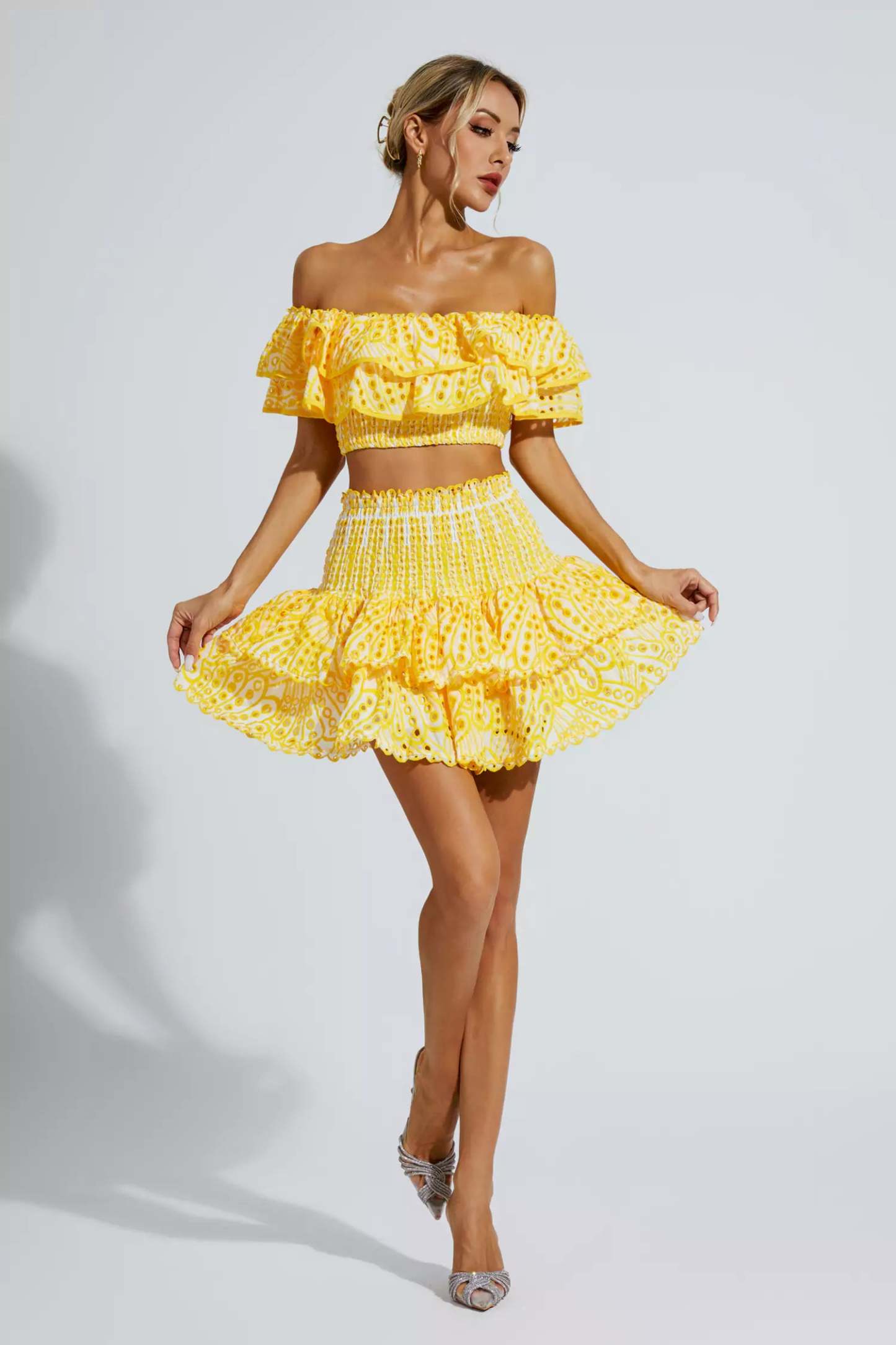 Janet Yellow Floral Ruffle Off-Shoulder Set