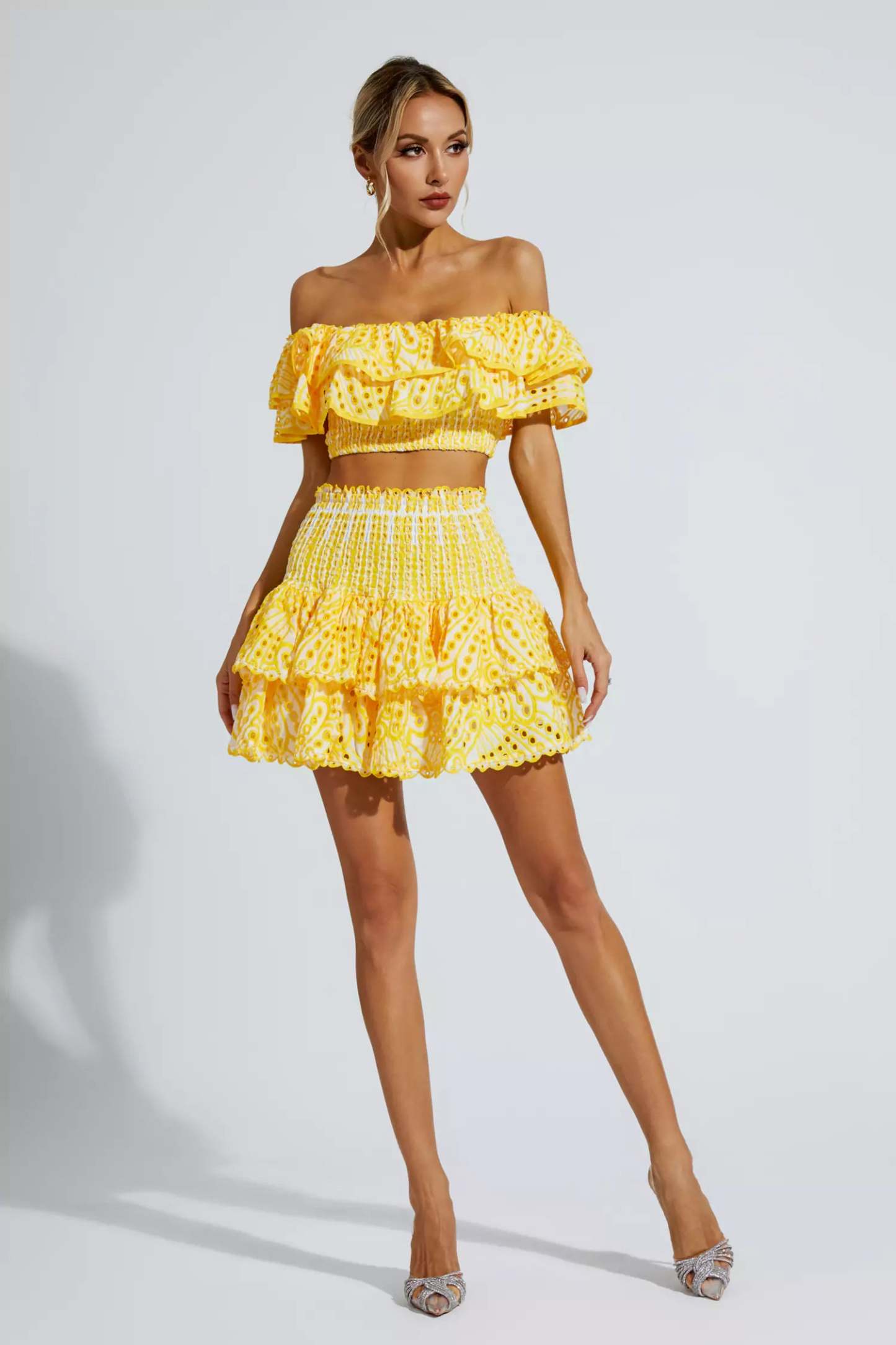 Janet Yellow Floral Ruffle Off-Shoulder Set