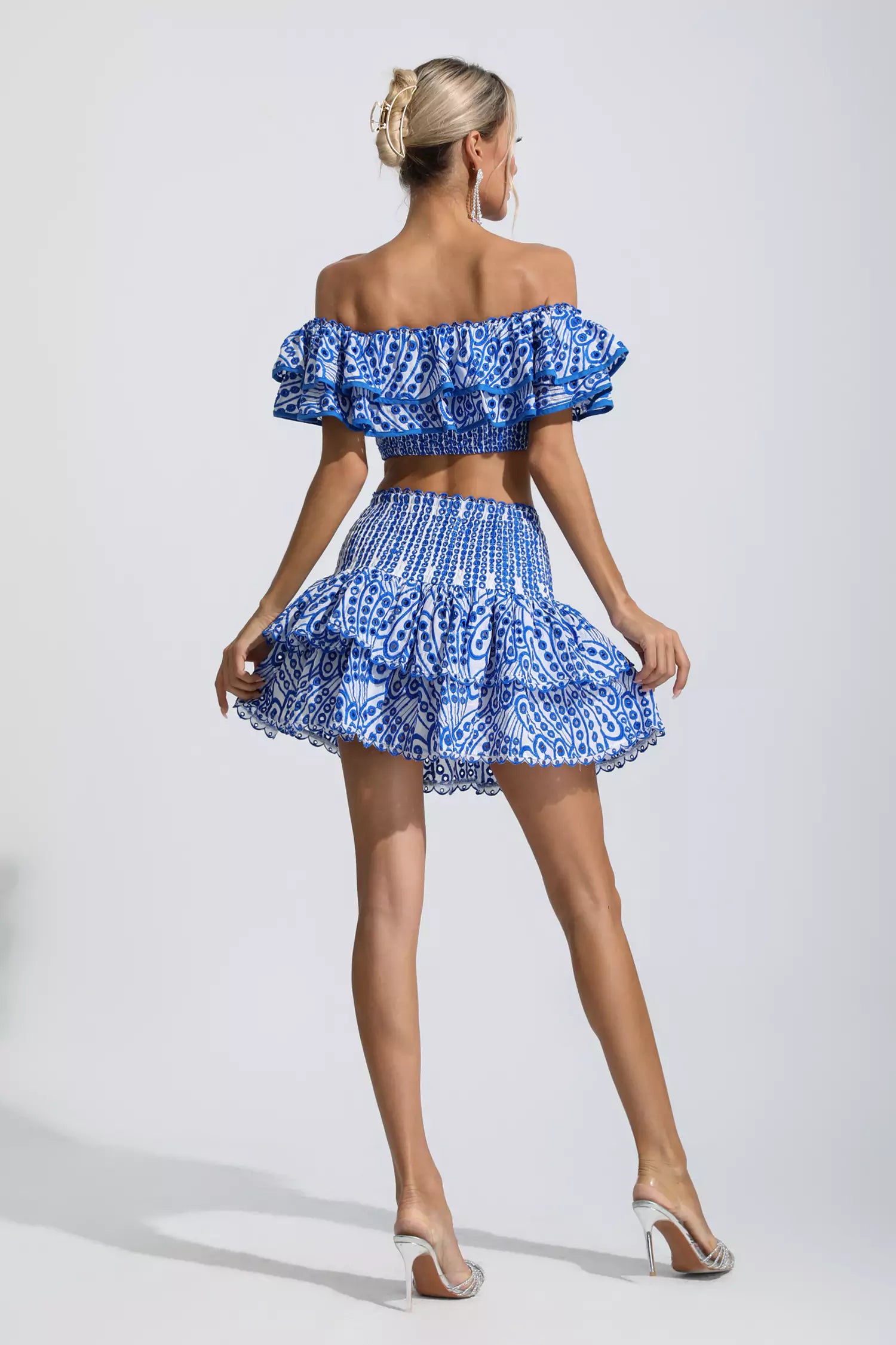 Janet Blue Floral Ruffle Off-Shoulder Set
