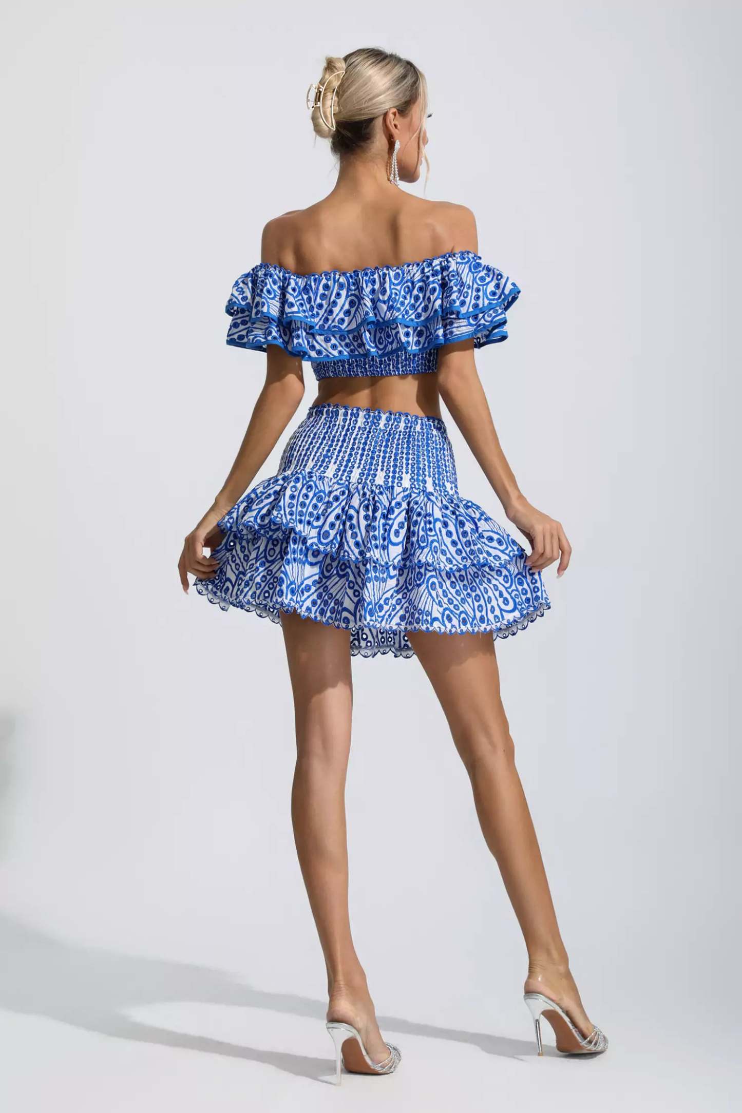 Janet Blue Floral Ruffle Off-Shoulder Set