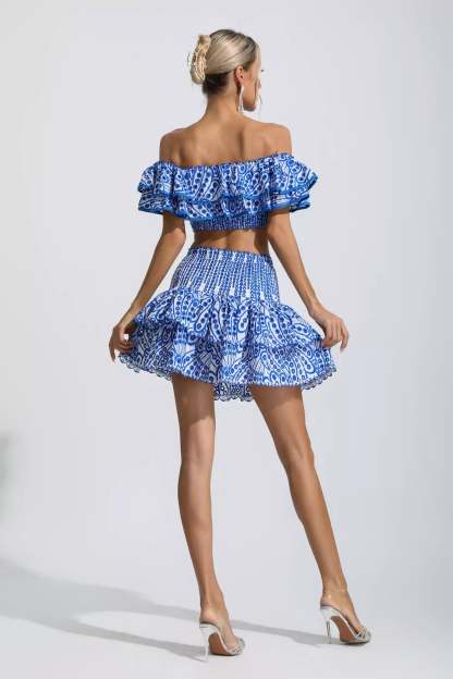Janet Blue Floral Ruffle Off-Shoulder Set