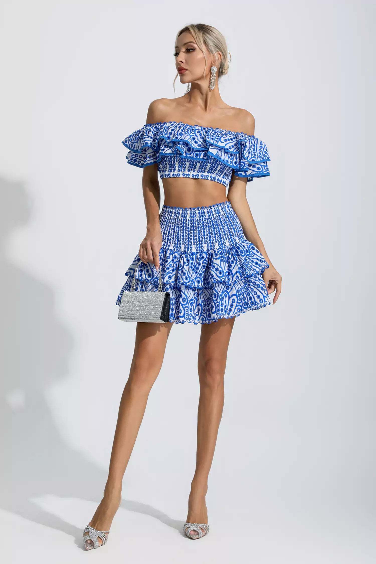 Janet Blue Floral Ruffle Off-Shoulder Set