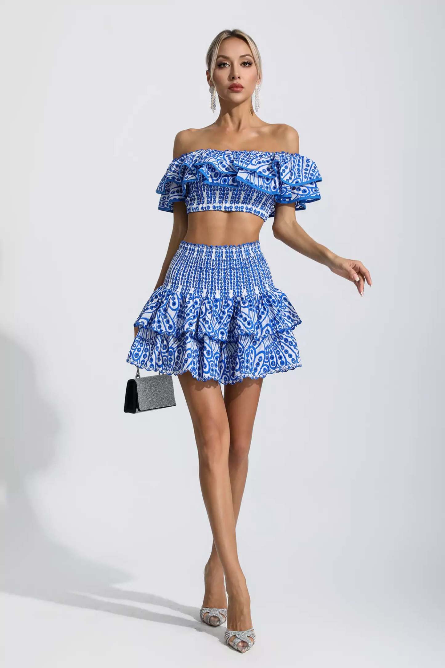 Janet Blue Floral Ruffle Off-Shoulder Set