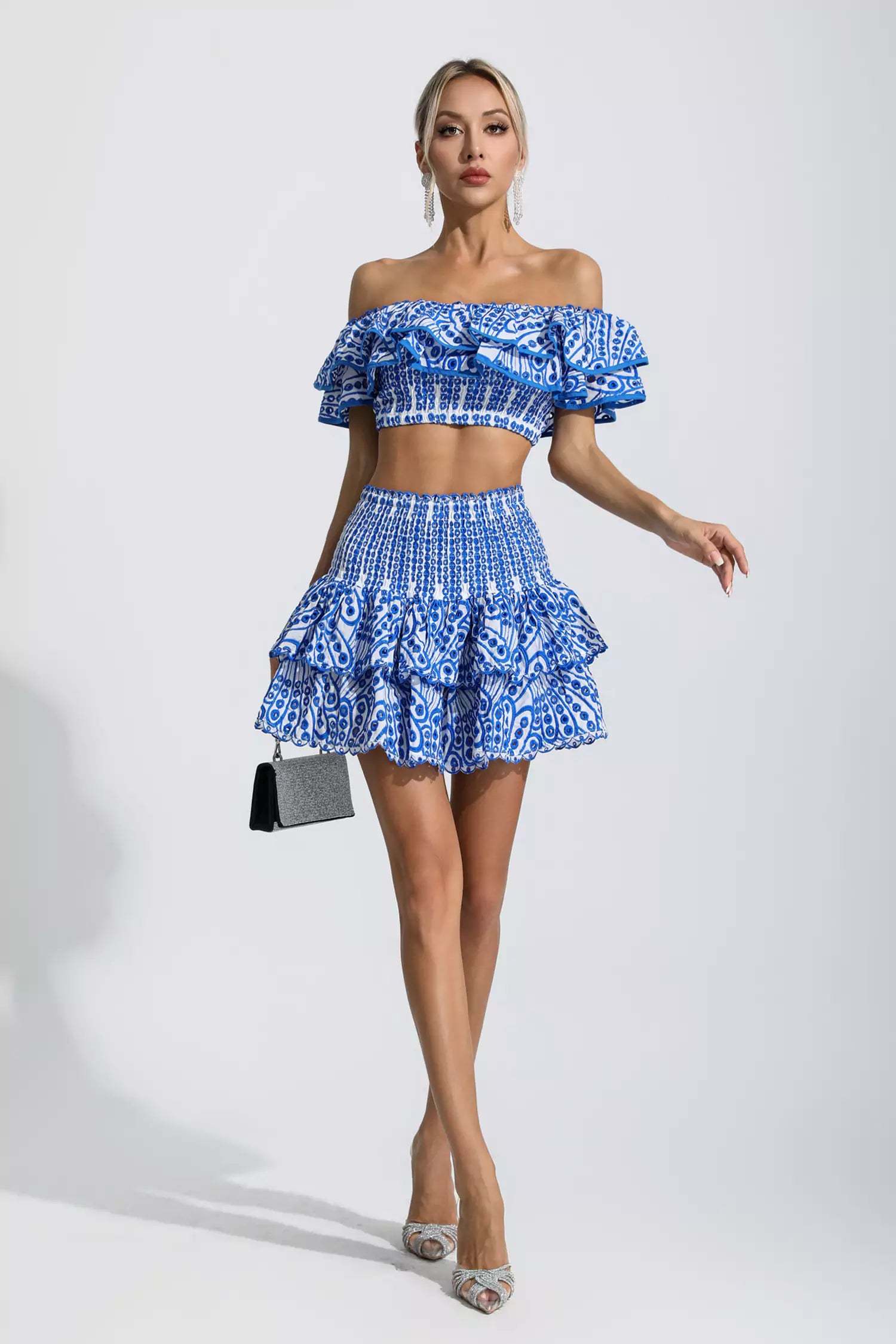 Janet Blue Floral Ruffle Off-Shoulder Set