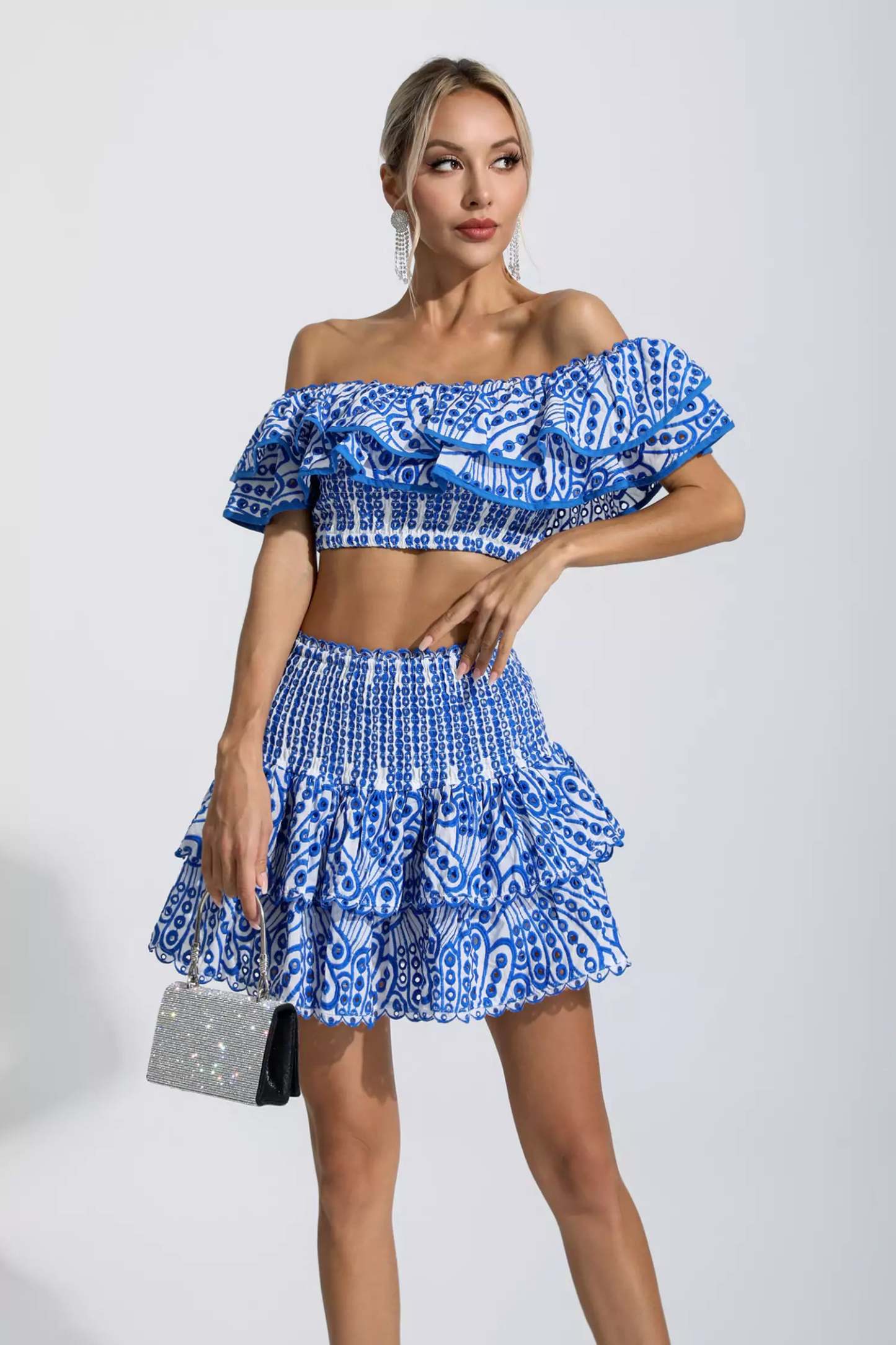 Janet Blue Floral Ruffle Off-Shoulder Set
