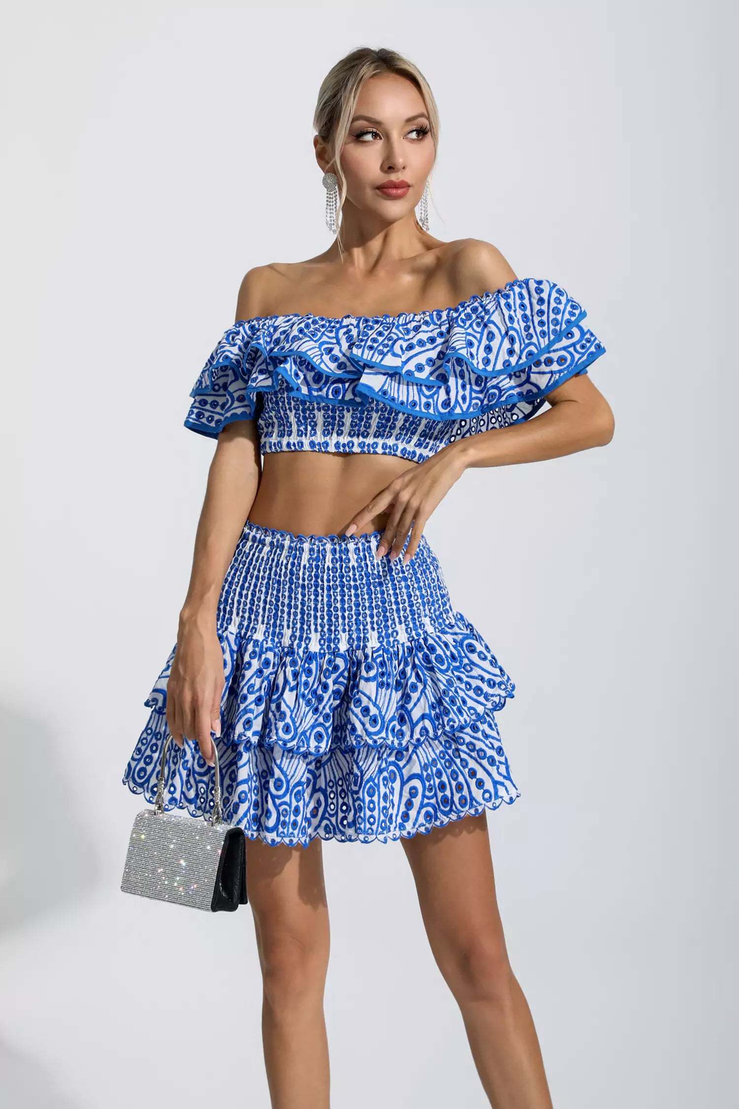 Janet Blue Floral Ruffle Off-Shoulder Set