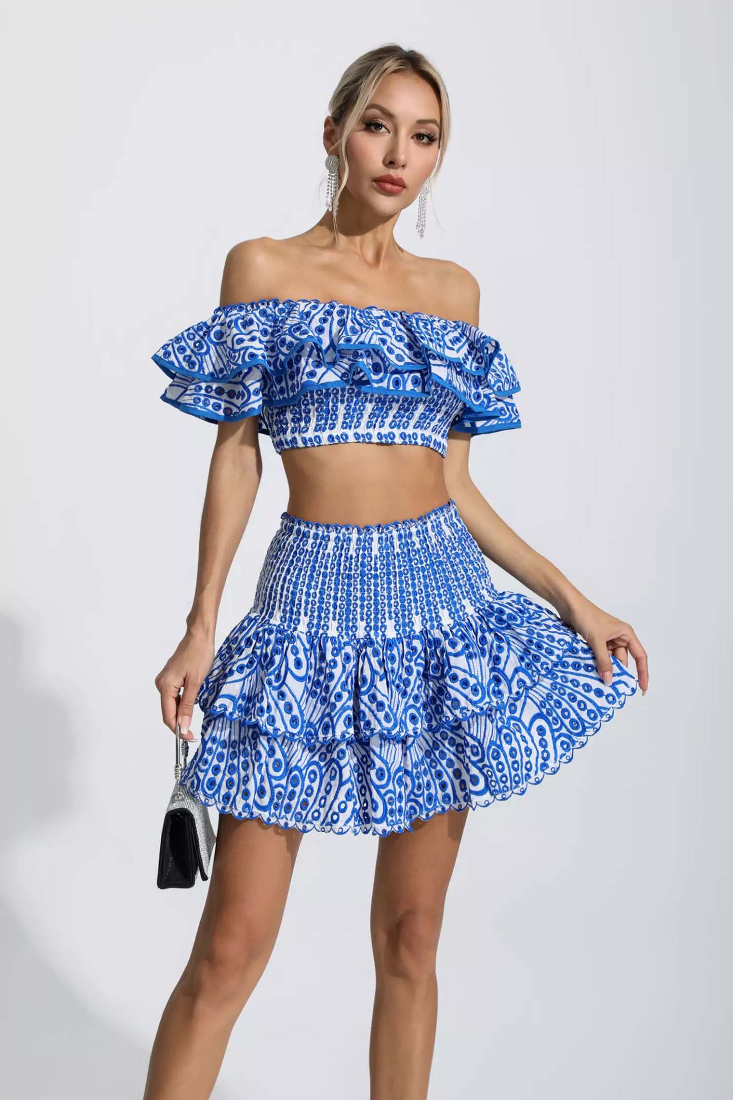 Janet Blue Floral Ruffle Off-Shoulder Set