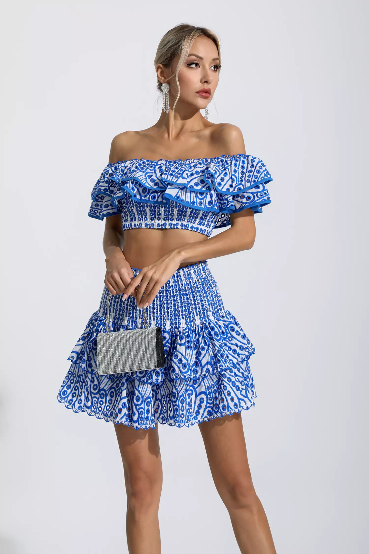 Janet Blue Floral Ruffle Off-Shoulder Set